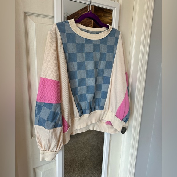 NEW🩷Chelsea Checkered Denim Sweatshirt Medium Oversized - Picture 4 of 8